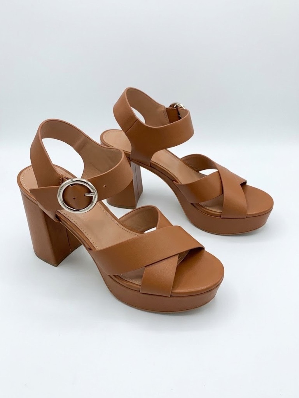 NEW Steve Madden Elkin Cognac Leather Platform Block Heel Sandals Size 7.5